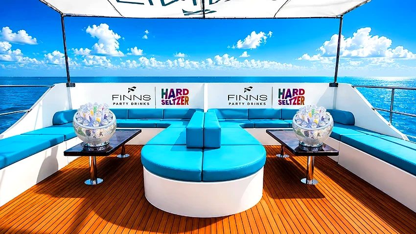 The FINNS Party Drinks VVIP Lounge on board BEAT BOAT Bali &mdash; a private deck for up to 25 guests, above the dance floor